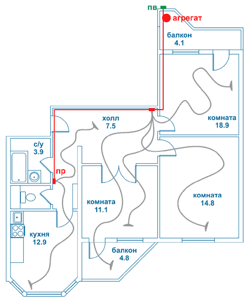 установка центральной системы пылеудаления в трехкомнатной квартире - нажмите для увеличения картинки