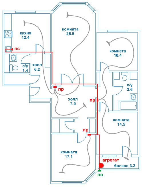 установка центральной системы пылеудаления в четырехкомнатной квартире - нажмите для увеличения картинки
